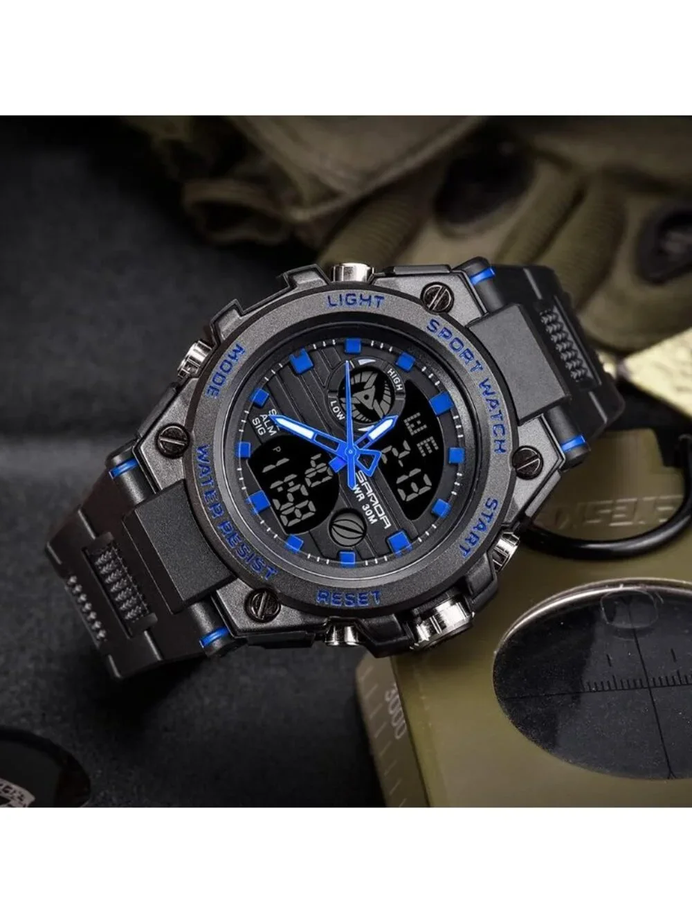 Men's Black Blue Analog Quartz Sports Outdoor Waterproof Military Digital Watch
